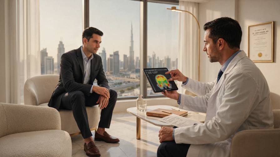 Best Hair Transplant Clinics in Dubai 2026 modern clinic consultation with Dubai skyline view