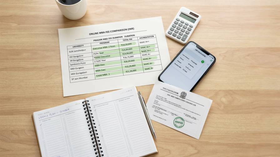 Best Online MBA Programs in India 2026 fee comparison chart with EMI planner and laptop